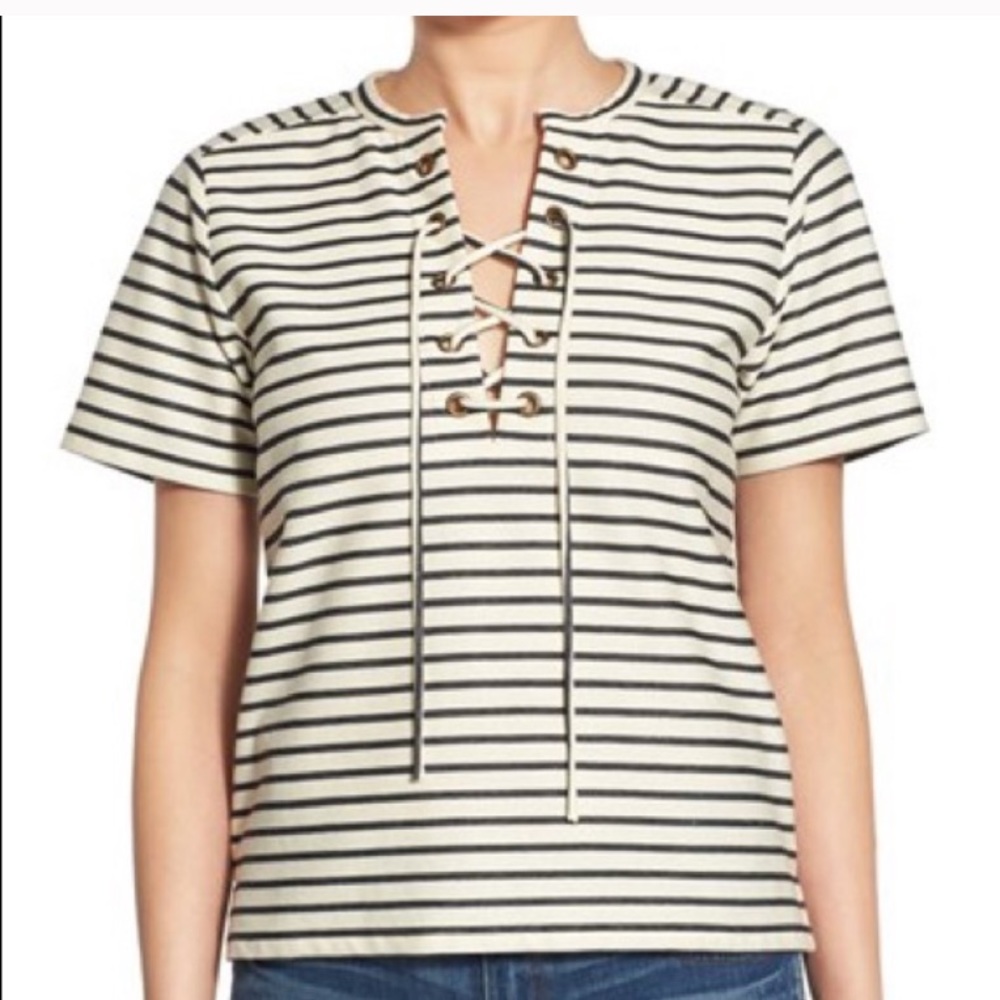 Madewell Striped Lace Front Cream Top Sz S